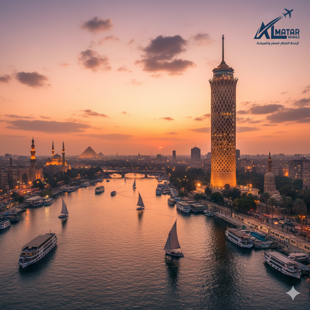 سياحة مصر - برج القاهرة في الزمالك وإطلالة بانورامية على النيل أجنحة المطار للسفر والسياحة.