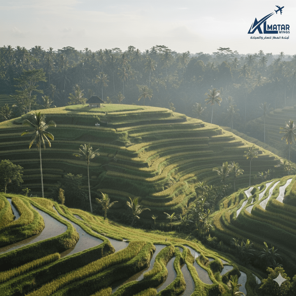 سياحة إندونيسيا - مدرجات أرز تيجالالاند الخضراء في أوبود بالي أجنحة المطار.