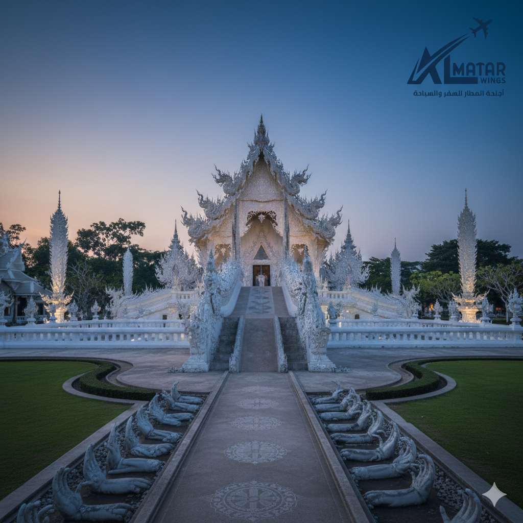معالم تايلاند - إطلالة معبد الفجر وات آرون وقت الغروب أجنحة المطار للسفر والسياحة.