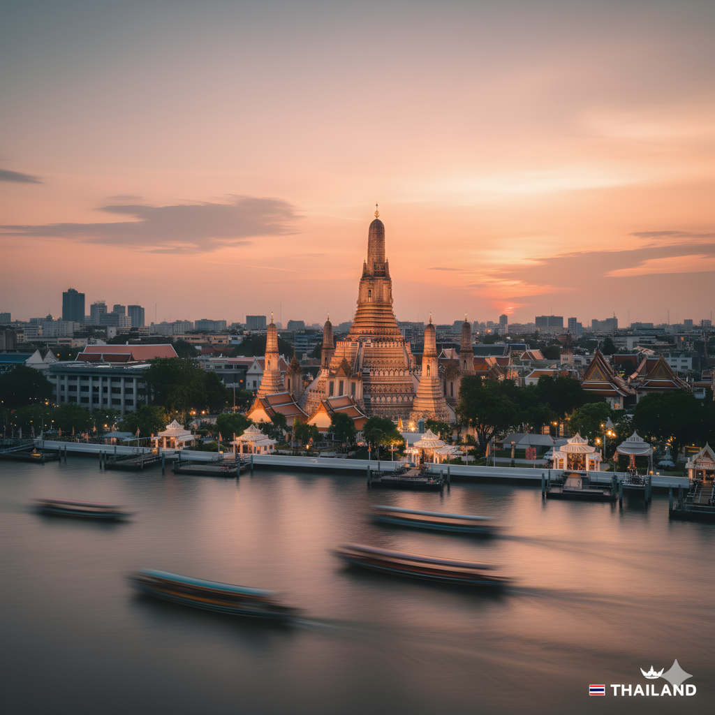 سياحة تايلاند - معبد وات آرون الفجر في بانكوك على ضفاف نهر تشاو فرايا أجنحة المطار للسفر والسياحة.