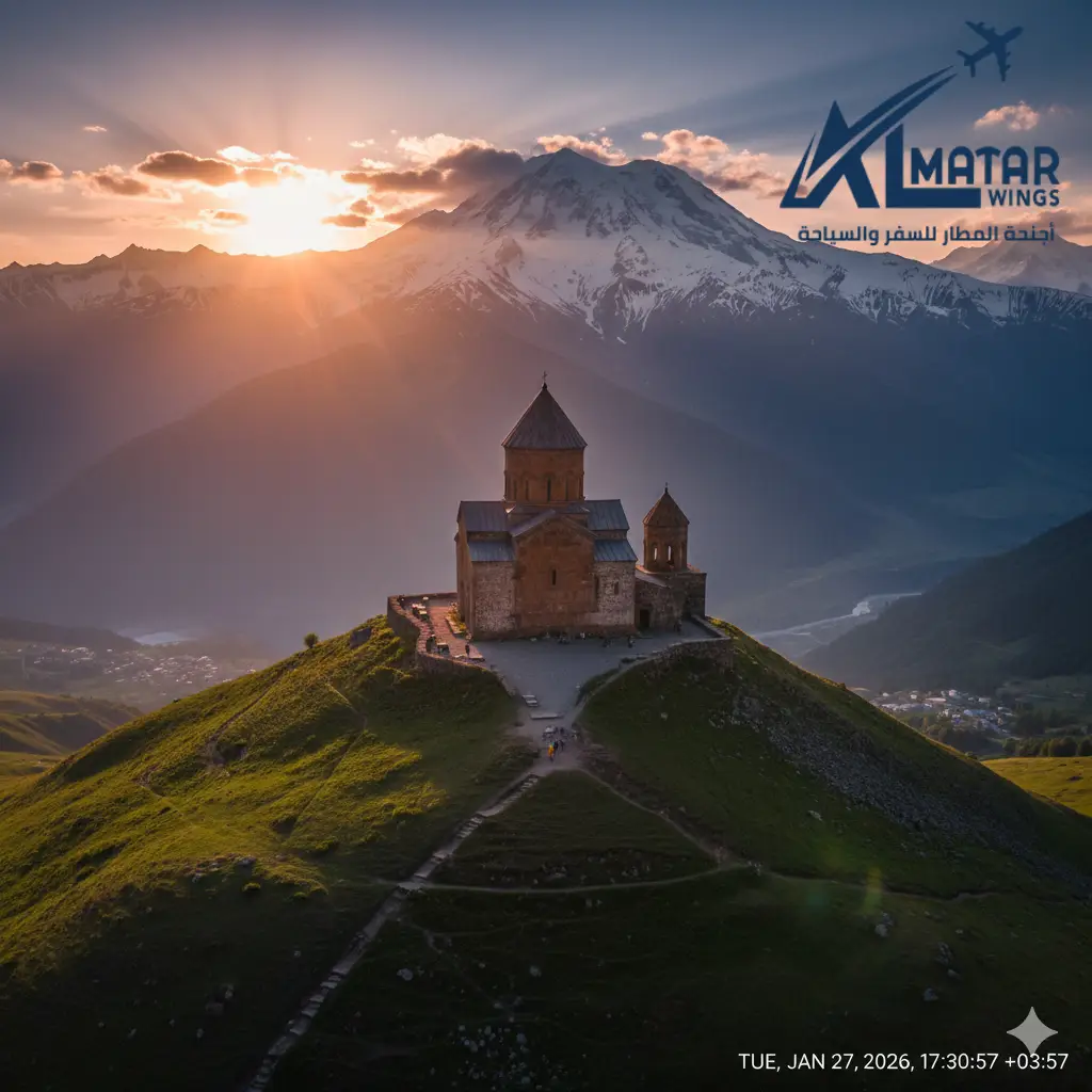 بكجات جورجيا السياحية - كنيسة جريجيتي ترينيتي في جبال القوقاز أجنحة المطار.