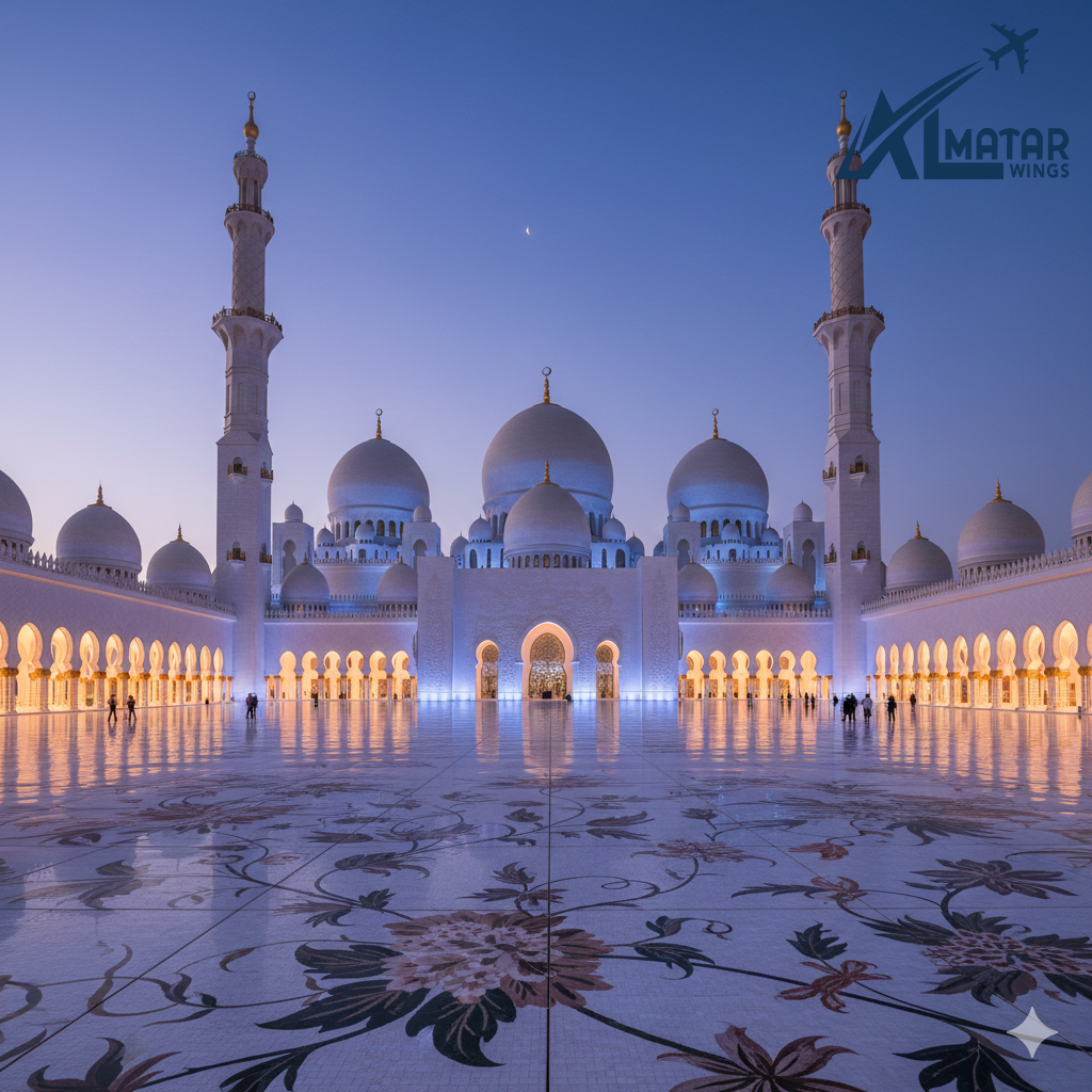 سياحة أبوظبي - جامع الشيخ زايد الكبير والقباب الرخامية البيضاء أجنحة المطار للسفر والسياحة.