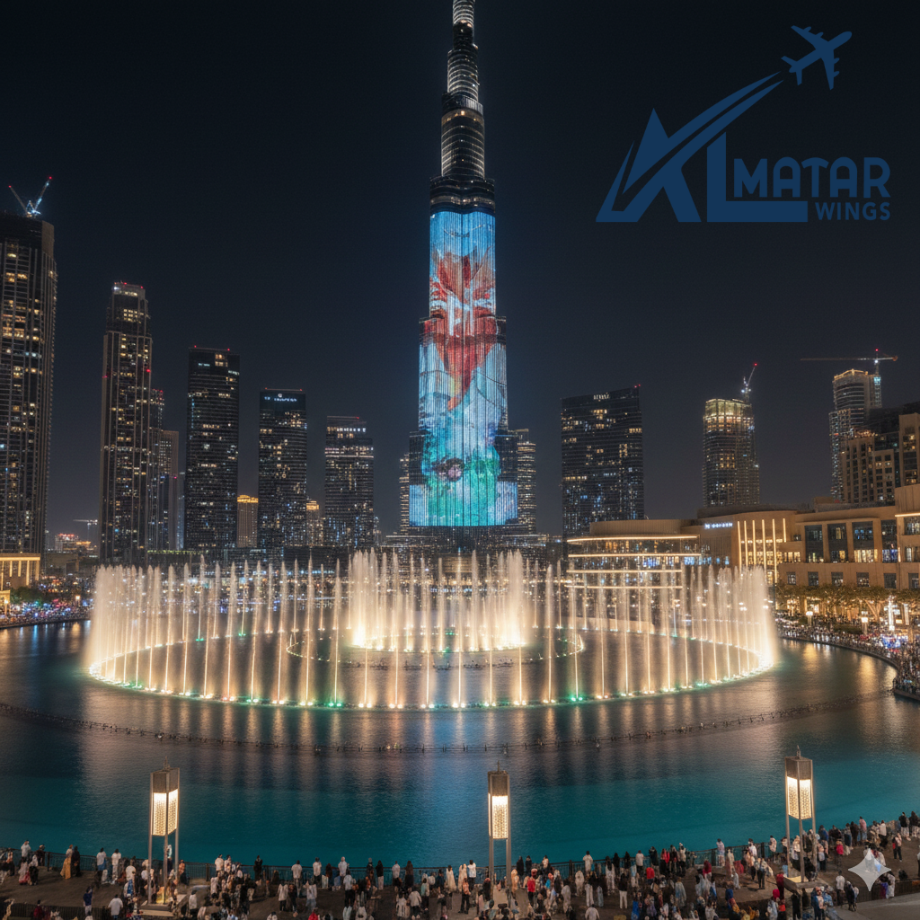 سياحة دبي - عرض نافورة دبي الراقصة أمام برج خليفة أجنحة المطار للسفر والسياحة.
