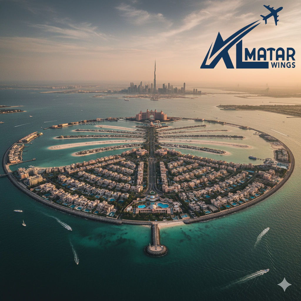 سياحة دبي - جزيرة نخلة الجميرا الاصطناعية من الأعلى أجنحة المطار للسفر والسياحة.