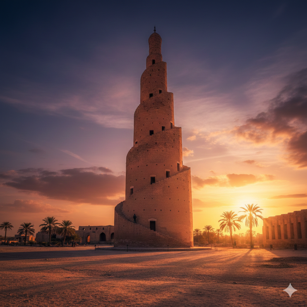 مئذنة ملوية سامراء التاريخية بتصميمها الحلزوني الفريد في العراق وقت العصر مع أشجار النخيل.